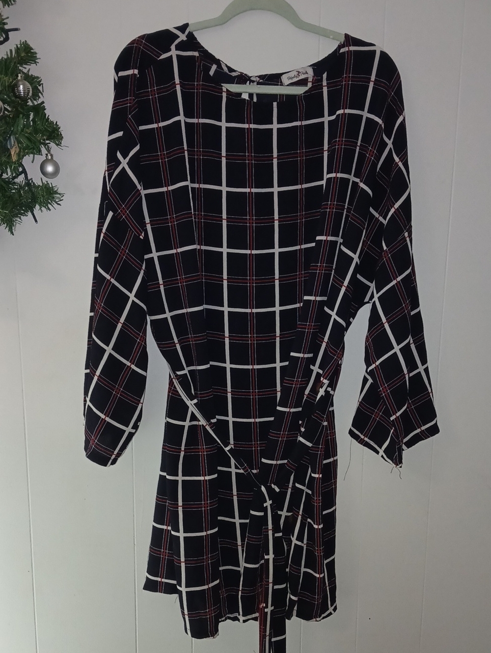 Black Plaid Long-Sleeve Wrap Dress with Tie Waist